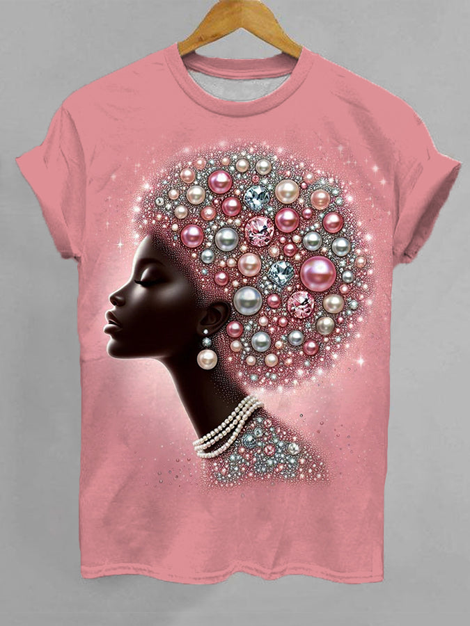 Women's Beautiful Pink Black Pearl Girl Print Casual Tee