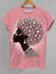Women's Beautiful Pink Black Pearl Girl Print Casual Tee