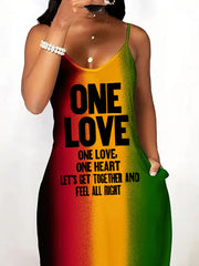 Women's One Love Red Yellow Green Print Suspender Dress