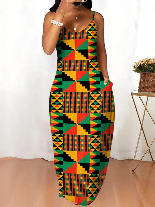Women's Retro Africa Geometry Print Suspender Dress
