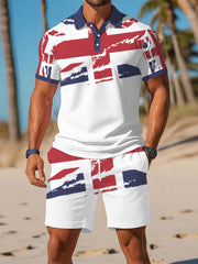 Men's UK Flag Print Casual Polo Two-Piece Sets