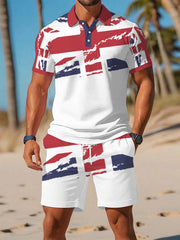 Men's UK Flag Print Casual Polo Two-Piece Sets