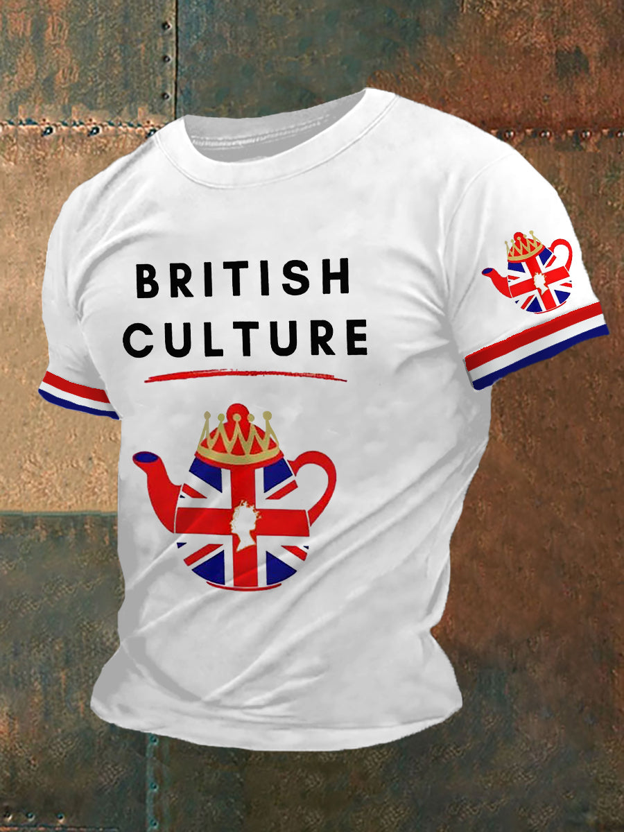 Men's British Culture Union Jack Flag Tea Pot Print Casual Tee