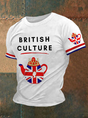 Men's British Culture Union Jack Flag Tea Pot Print Casual Tee