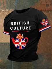 Men's British Culture Union Jack Flag Tea Pot Print Casual Tee