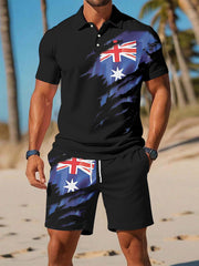 Men's UK Flag Print Casual Polo Two-Piece Sets
