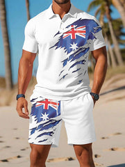 Men's UK Flag Print Casual Polo Two-Piece Sets