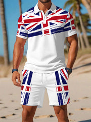 Men's UK Flag Print Casual Polo Two-Piece Sets