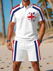 Men's UK Flag Print Casual Polo Two-Piece Sets