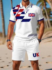 Men's UK Flag Print Casual Polo Two-Piece Sets