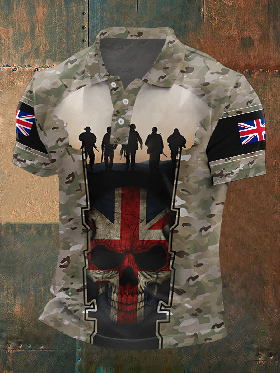 Men's UK Flag Camouflage Skull Print Casual Polo