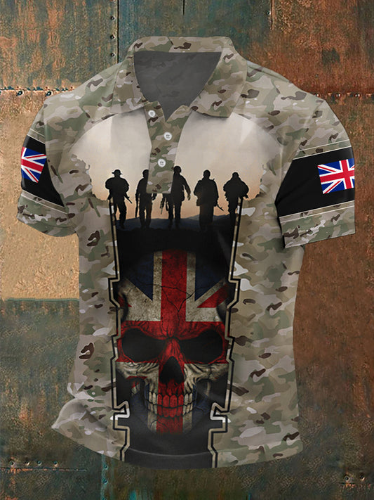 Men's UK Flag Camouflage Skull Print Casual Polo