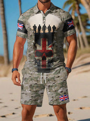 Men's UK Flag Camouflage Skull Print Casual Polo Two-Piece Set