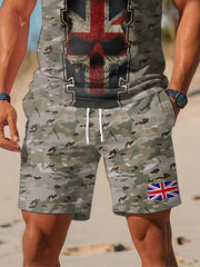 Men's UK Flag Camouflage Skull Print Casual Polo Two-Piece Set