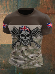 Men's UK Flag Camouflage Skull Print Casual Tee