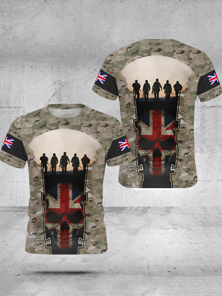 Men's UK Flag Camouflage Skull Print Casual Tee