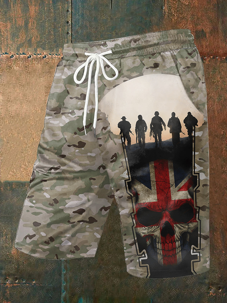 Men's UK Flag Camouflage Skull Print Casual Shorts