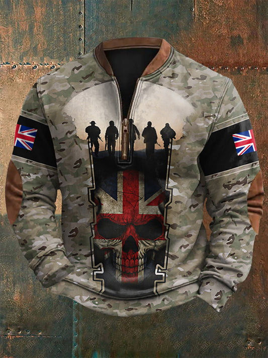 Men's UK Flag Camouflage Skull Print Casual Zipper Sweatshirt