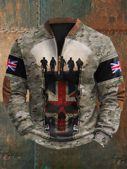 Men's UK Flag Camouflage Skull Print Casual Zipper Sweatshirt