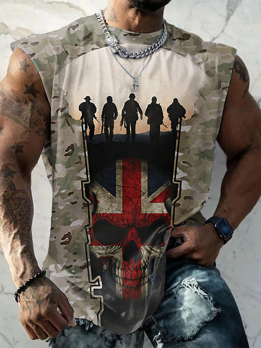 Men's UK Flag Camouflage Skull Print Casual Tank Top