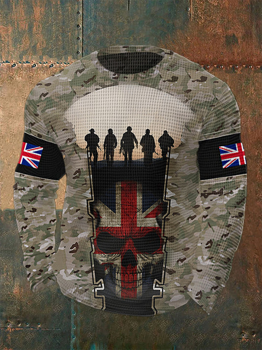 Men's UK Flag Camouflage Skull Print Casual Waffle Sweatshirt