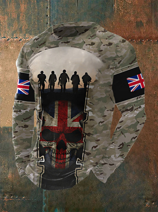 Men's UK Flag Camouflage Skull Print Casual Long-Sleeve T-Shirt