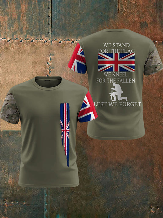 Men's We Stand For The Flag We Kneel For The  Lest We Forget, UK Flag Camouflage Print Casual Tee