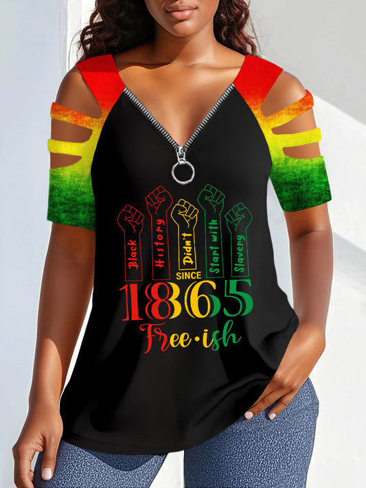 Women's Juneteenth Printed V-Neck Zipper Off-Shoulder Tee
