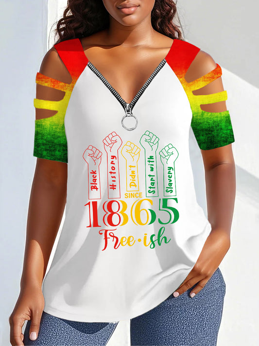 Women's Juneteenth Printed V-Neck Zipper Off-Shoulder Tee