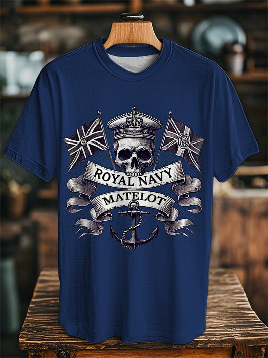 Unisex Vintage  Navy Matelot Skull Print Casual Tee
