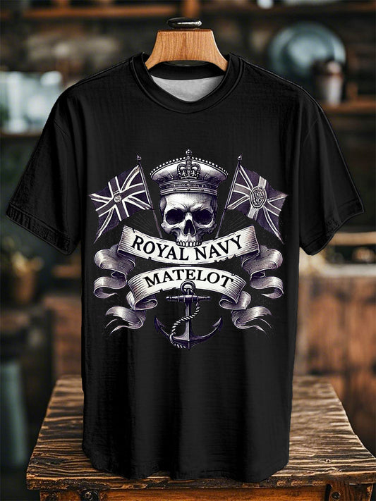 Unisex Vintage  Navy Matelot Skull Print Casual Tee