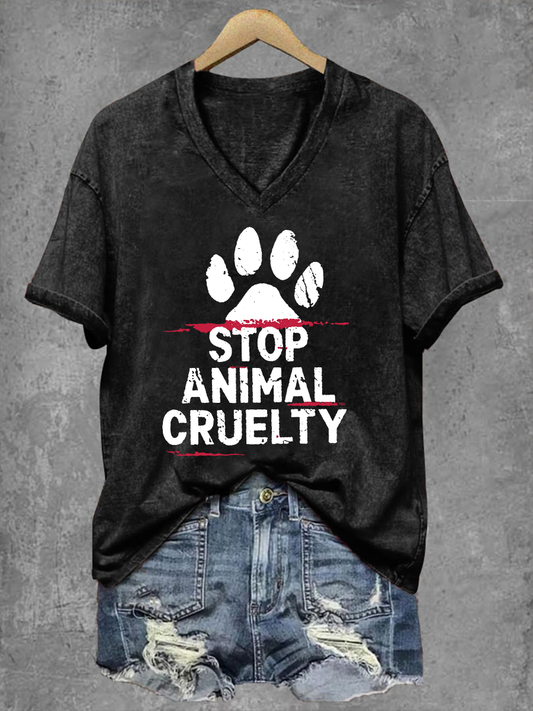 Women's Stop Animal Cruelty Print V-Neck T-Shirt