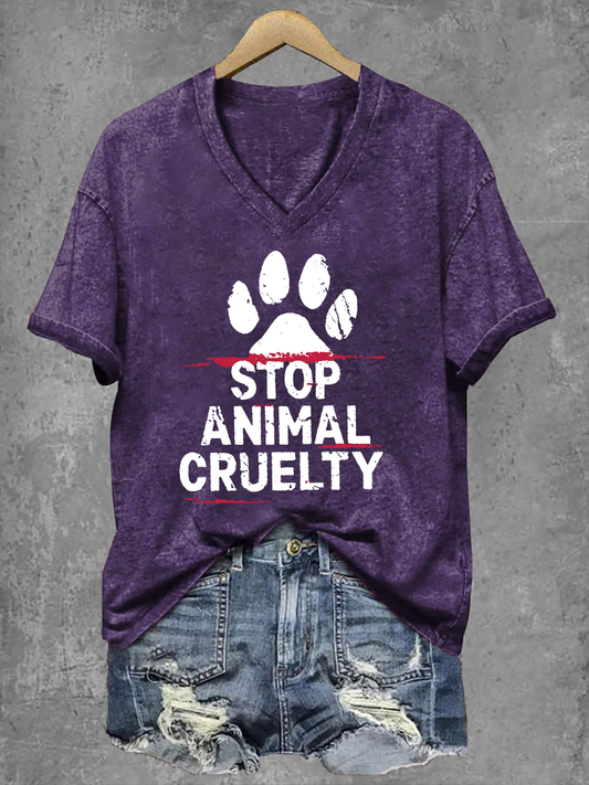 Women's Stop Animal Cruelty Print V-Neck T-Shirt