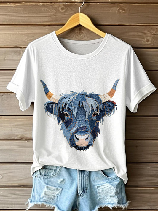 Women's Denim Highland Cow T-shirt