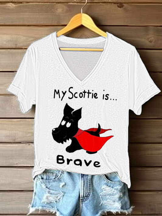 Women's Scottish Terrier Printed V-neck Short Sleeve T-shirt
