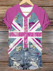 Women's Floral Flag Art Print V-neck T-shirt