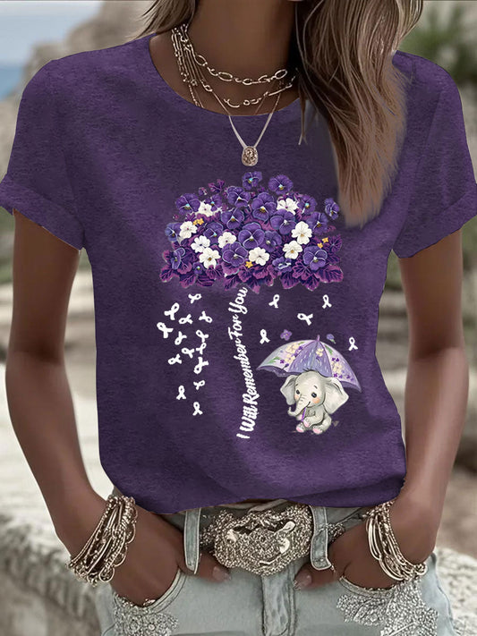 Women's Alzheimer's Awareness Purple Floral Print Casual T-Shirt