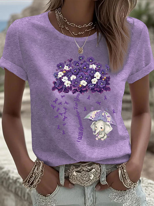 Women's Alzheimer's Awareness Purple Floral Print Casual T-Shirt