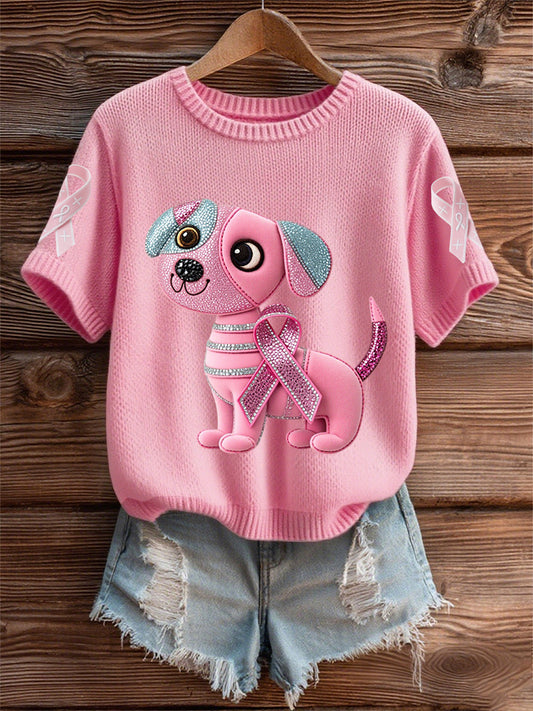 Women's Breast Cancer Awareness Support  Pink Dog Pink Ribbon Print Short Sleeve  Top