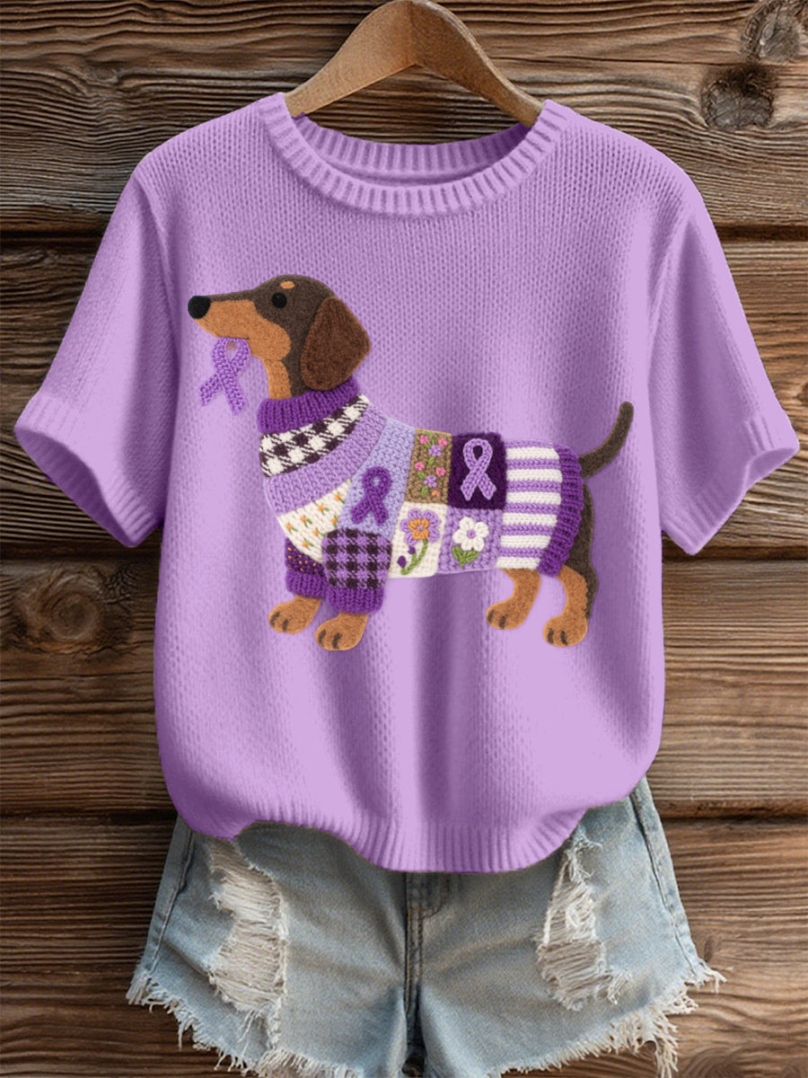 Women's Felt Art Dachshund Pattern Cozy Knit Top