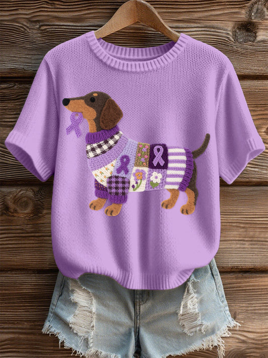 Women's Felt Art Dachshund Pattern Cozy Knit Top