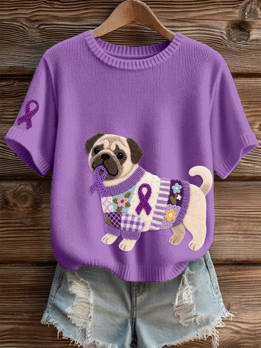Women's Felt Art Pug Pattern Cozy Knit Top