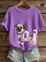 Women's Felt Art Pug Pattern Cozy Knit Top