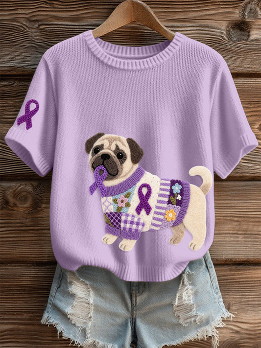 Women's Felt Art Pug Pattern Cozy Knit Top