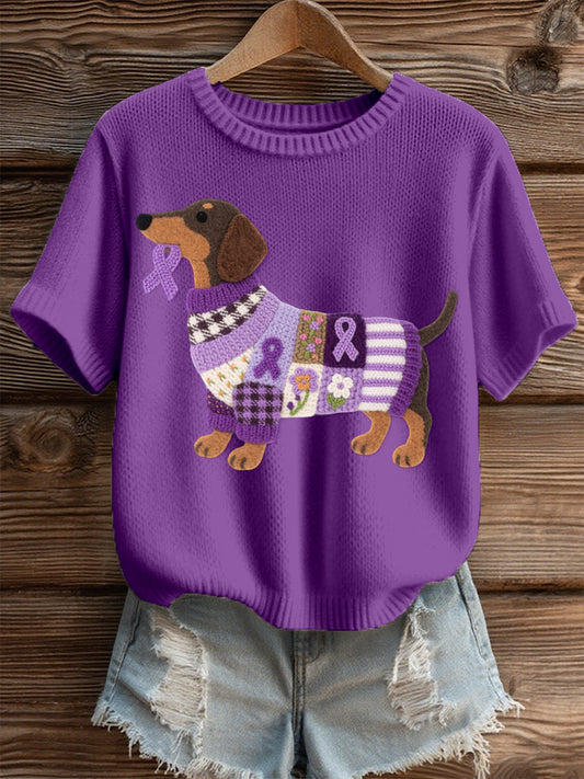 Women's Felt Art Dachshund Pattern Cozy Knit Top