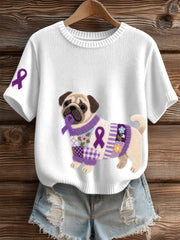 Women's Felt Art Pug Pattern Cozy Knit Top