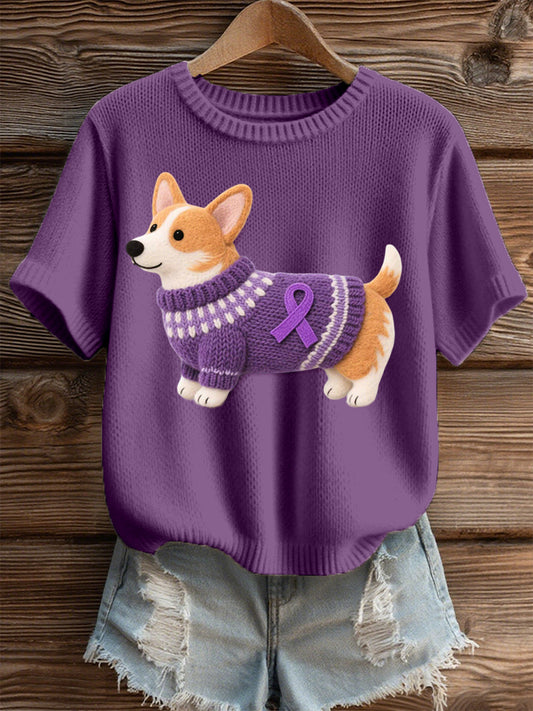 Women's Felt Art Corgi Pattern Cozy Knit Top
