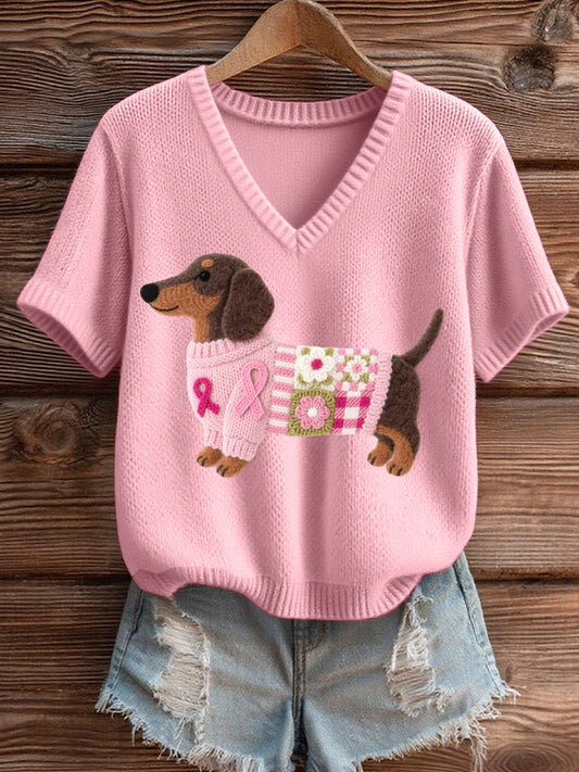 Women's Felt Art Dachshund Pattern Cozy Knit Top