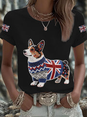 Women's UK Flag Corgi Printed T-shirt