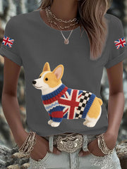 Women's UK Flag Corgi Printed T-shirt